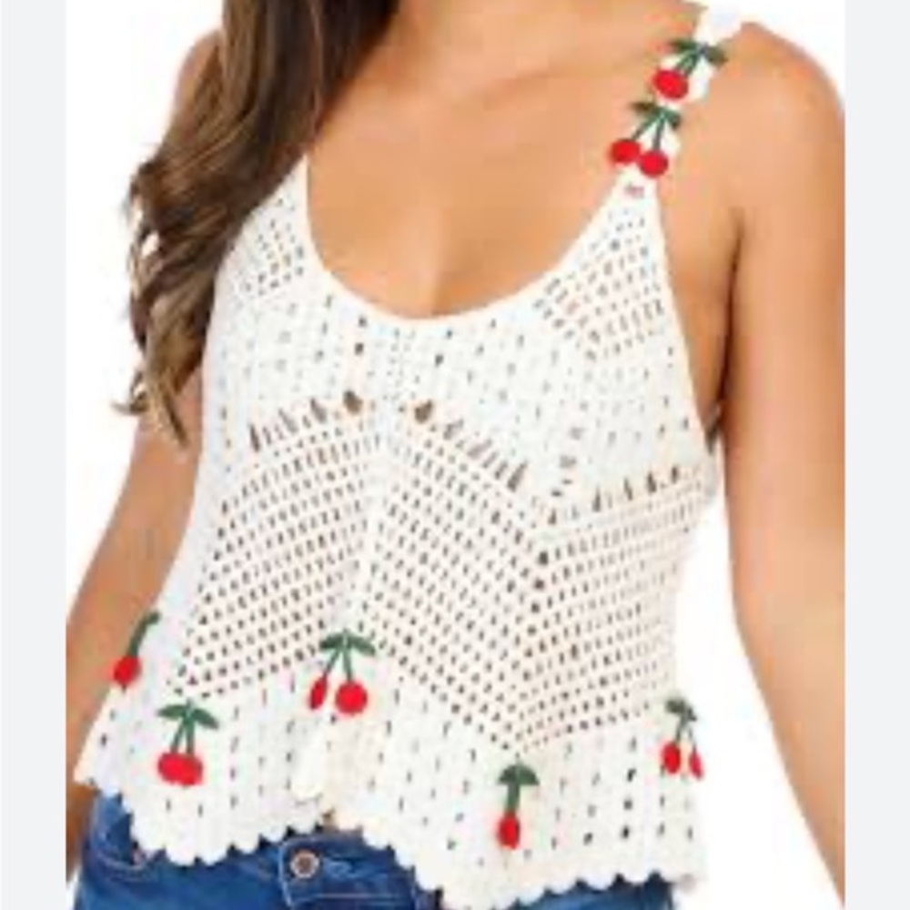 REBELLION White Crochet Cherry Embellished Women's Top. SIZE L